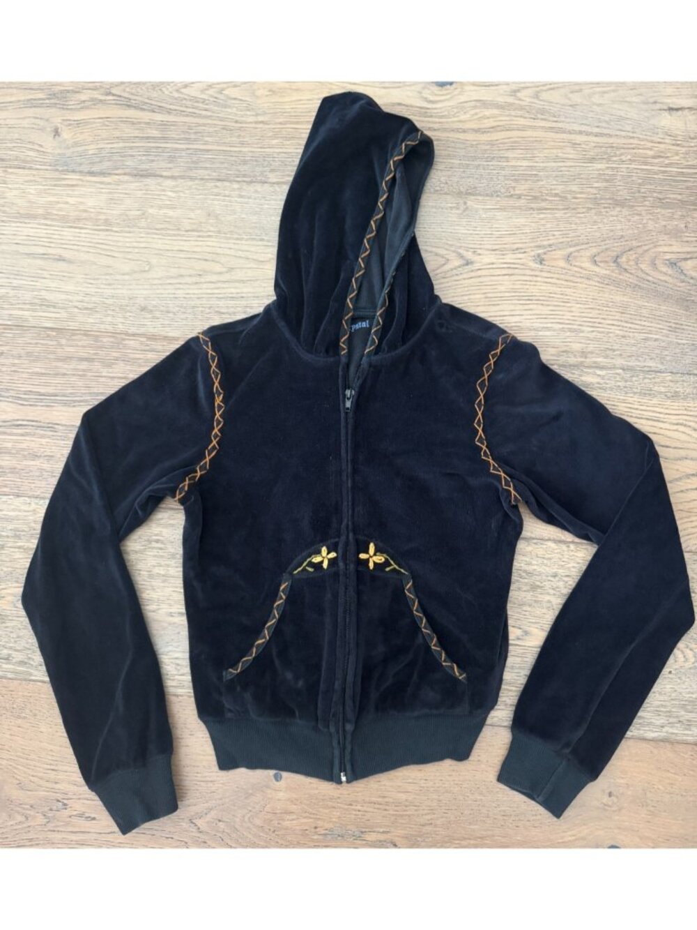 Vintage Crystal Velour Tracksuit Boho Embroidered Hoodie & Pants Set Black